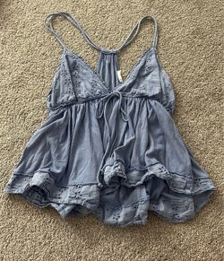 Blue Eyelet Ruffle Crop Tank Top
