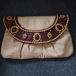 NY&C New York Company Tan Clutch Purse Cotton Brown Faux Leather Wood Beads 