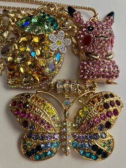 Collectible Rhinestone Bundle - Betsey Johnson + Kirks Folly - 2 x Large Pendant Necklaces + Pin