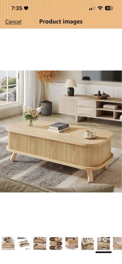 47" Fluted Lift Top Coffee Table with Storage, Modern Oval Wooden Coffee Table for Living Room or Home Office, Safe Rounded Corners & Hidden Compartme