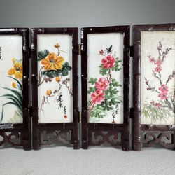 Vintage Chinese  Folding Table Top Screen Hand painting 4 Panels 2 Sided 