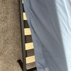 Queen Bed & Solid Black Wood Frame with White Padded Headboard + Mattress – Excellent Condition!