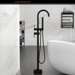 Brewst Contemporary Matte Black And Chrome Gooseneck Freestanding Tub Filler Faucet Sh64