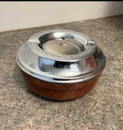 Vintage Round Ashtray with Chrome Lid and Wood Base