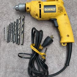 Dewalt 3/8” Variable Speed Reversing Drill -DW 100- Lightly Used, Bits, Chuck Key