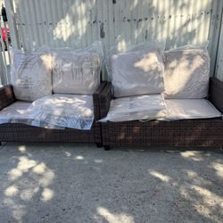 2pcs Outdoor Patio Loveseat,All-Weather Wicker Sofa Outdoor Patio Furniture for Deck Backyard, Beige