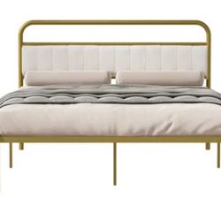 Metal Steel Queen Size Bed Frame With Attractive Headboard In Bedroom (queen) - Gold/beige Cozy Upholstered Beige+gold