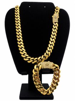 Gold Plated Iced Out Cuban Link Chain & Bracelet Set – Diamond Pavé Lock Clasp