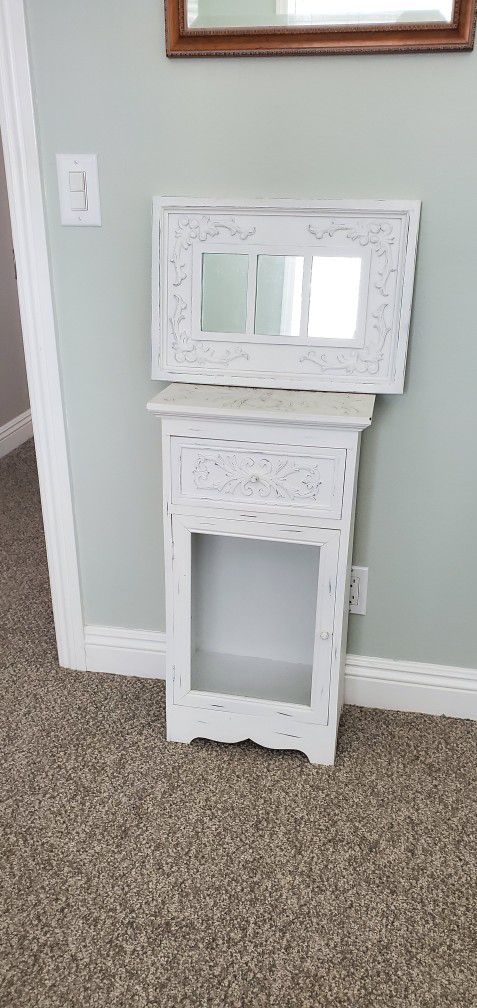 Small White Shabby Chic Storage Cabinet and Mirror
