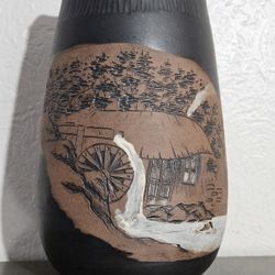 Matte Black Japanese Sgraffito Art Studio Pottery With Rural Scene 