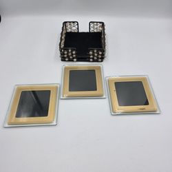 Vintage Set of 3 Bombay Glass 4”x4” Picture Frame Coasters w/Beaded Metal Holder