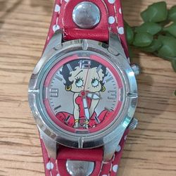Betty Boop Red White Polka Dot Strap Band Faux Leather Wrist Watch