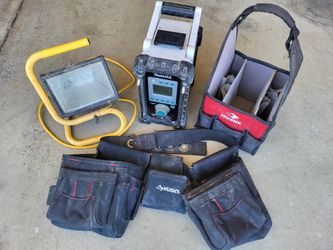 Makita radio, Halogen Utility Light, Husky Tool Belt & Carpenter Sack for Construction