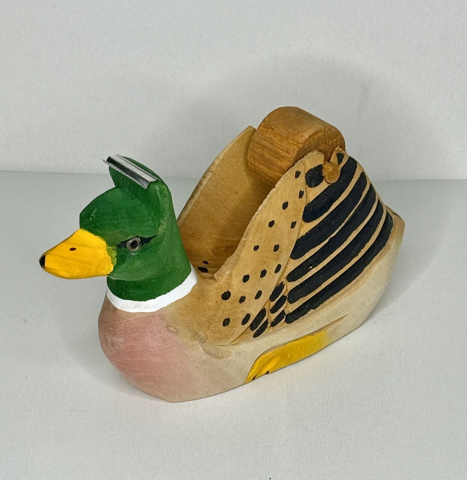 HAND CARVED WOODEN MALLARD DUCK TAPE DISPENSER HAND PAINTED (NEW)