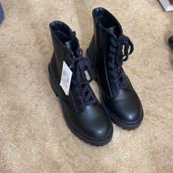 Brand New Memory Foam Black Faux Leather Military Style Boots W Tags 