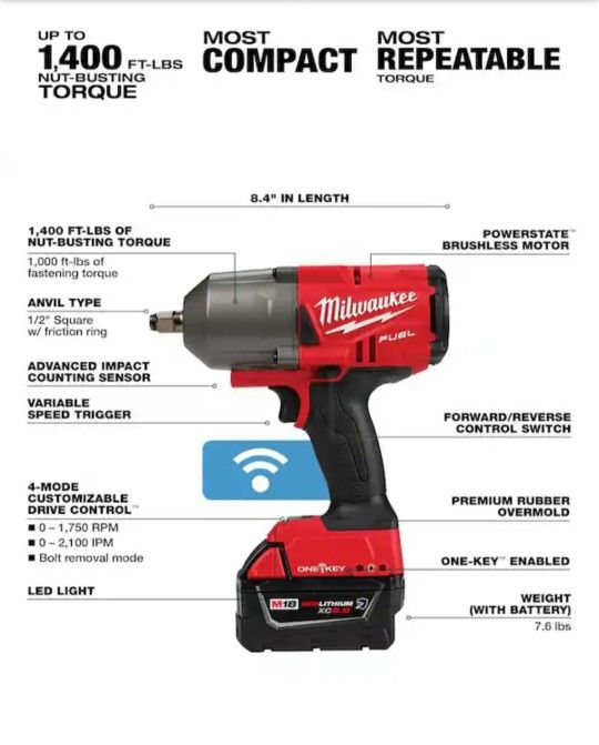 M18 FUEL ONE-KEY 18V Li-Ion Brushless Cordless 1/2 in. High-Torque Impact Wrench Resistant Battery + Charger and bag