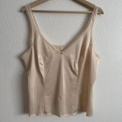 WARNERS Vintage 90s Champange Beige V Neck Bow Lace Trim Thin Strap Camisole Top