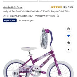Huffy 16"' Sea Star Kids' Bike, Fits Riders 3'5" - 4'0", Purple, Child, Girl's