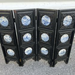 Chinese 4-Fold Hardwood Screen inset with Blue & White Porcelain Plaques! Some cosmetic wear, yellowing on plates. Has hooks on back for wall hanging 