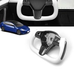QianBao Compatible with Genuine Leather Carbon Fiber Steering Wheel Sport Racing Modified Interior Accessory Steering Wheel for Tesla Model 3 of all Y