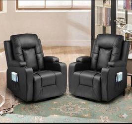Set of 2 Black Leather Recliner Chairs