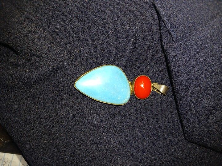 Gorgeous Statememt Bezel Set Blue Gurquoise & Red Coral In 925 Silver 2" Pendant, 1" At Widest OF The Beveled Turq