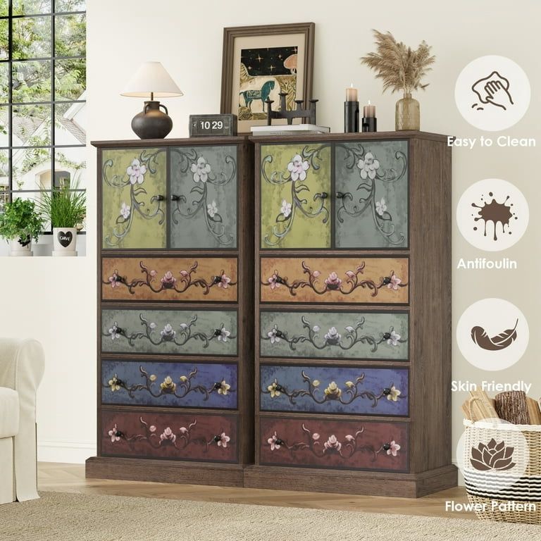 Set of 2, 50″ Tall Dresser with 4 Drawers, Boho Vintage Dresser with 2 Doors, Wood Drawers Chest for Bedroom Living Room Entryway