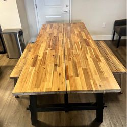 IKEA SKOGSTA Dining Table +  2 Stools - Solid Acacia Wood & Black Finish