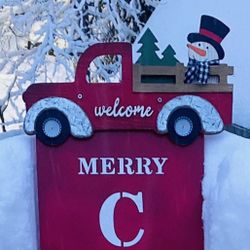 Christmas Wooden Porch Sign With Red Truck Christmas tree And Snowman
