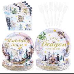 96pcs Dragon Baby Shower Decorations - Watercolor Dragon Baby Shower Party Plates & Tableware For Boys & Girls - Serves 24  Inventory Number 104115468