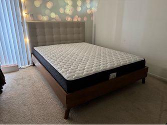 Mid-Century Modern Wood Queen Bed Frame + Sleepys Mattress Set