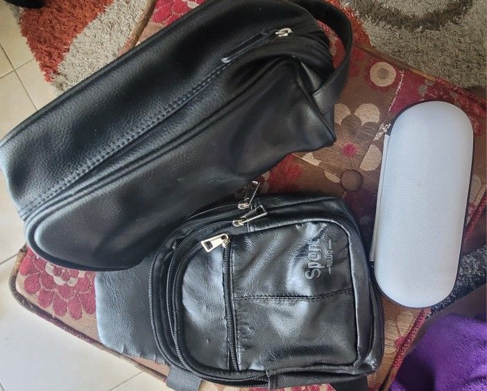 Over the shoulder bag, leather toiletry bag, small case with mirror