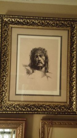 Framed & signed portrait of a thorn crowned Christ.
