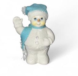 Waving Snowman figurine with a blue scarf and hat