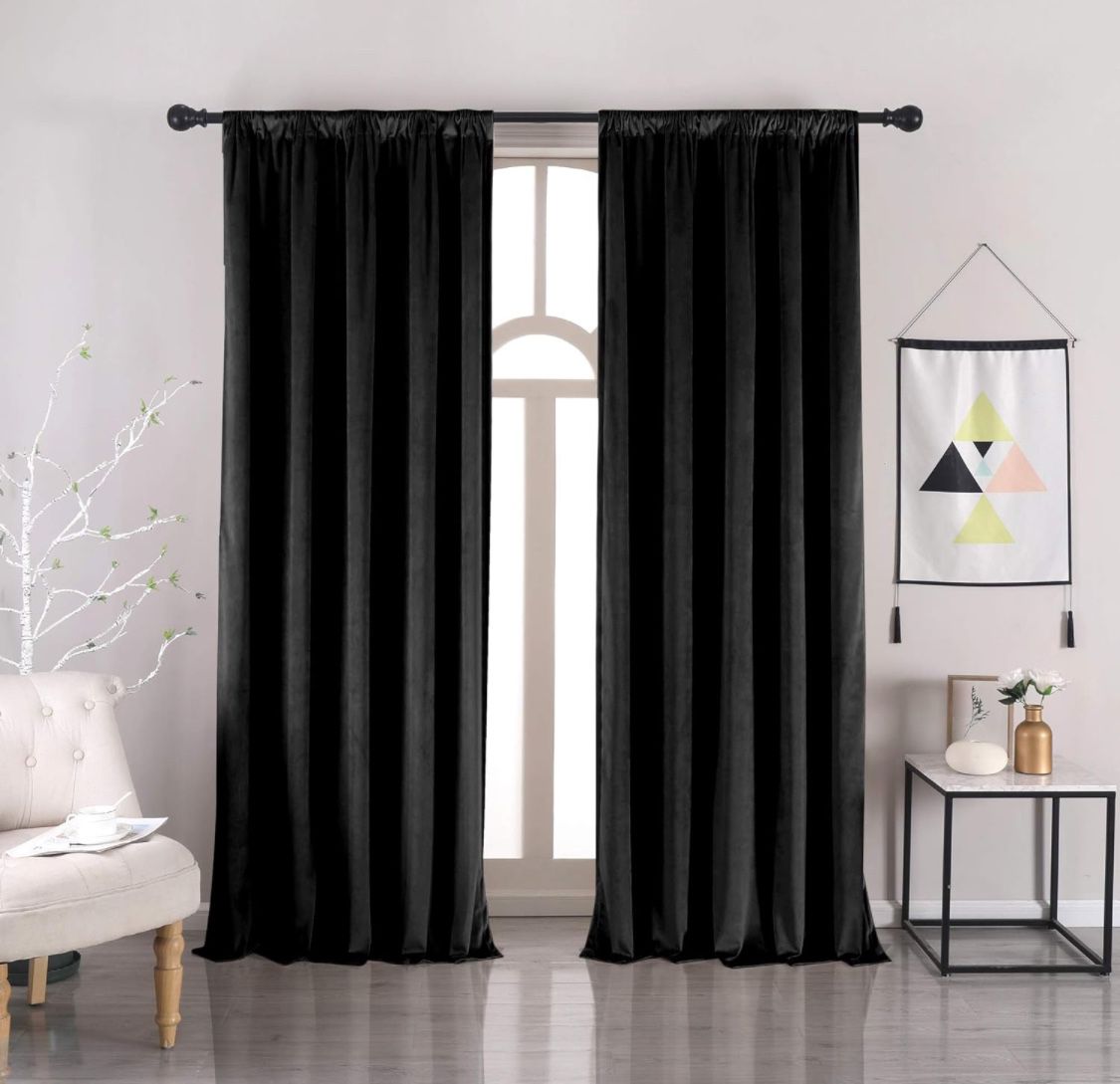 New! Blackish Velvet Blackout Curtains 52”x108”, Rod Pocket Window Curtain Panels Heat Insulated Curtains Blackout Thermal Curtains
