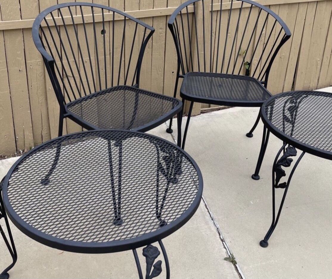 Rare 5 piece Carolina Forge Iron Mid Century Patio 2 Chairs, Loveseat, 2 Tables