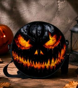 Halloween Pumpkin Face Crossbody Bag. Black Round Mini Shoulder Bag,