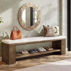 YT0061 63" Solid Wood Entryway Bench, Modern Upholstered End of Bed Bench