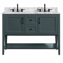 Home Decorators Collection Sherway 49 in. W x 22 in. D Bath Vanity in Antigua Green with Marble Vanity Top in Carrara White with White Basins