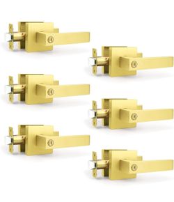 6 Pack Gold Privacy Door Handles Interior, Heavy Duty Brushed Gold Interior Door Handles for Bedroom Bathroom, Modern Square Privacy Door Levers, Keyl