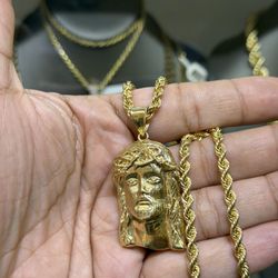 Real Gold Rope chain W/ Real Gold Diamond Pendant 4mm 16 Inches