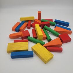 Vintage, Wooden, Painted, Building Blocks - Mixed Lot Of About 30 Pieces - 1980s