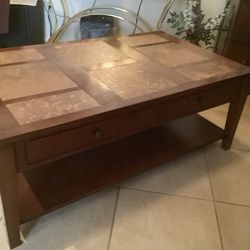 Wood With  Inlaid Tile Coffee Table And End Table