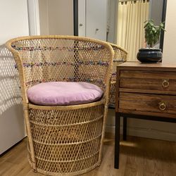 Lilac velvet cushion, rattan cane round back chair