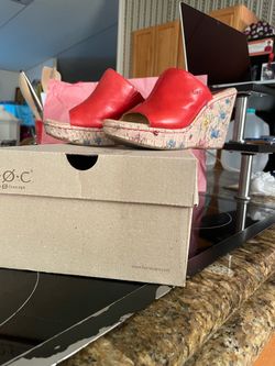 BOC Red Leather Cork Wedge Mules