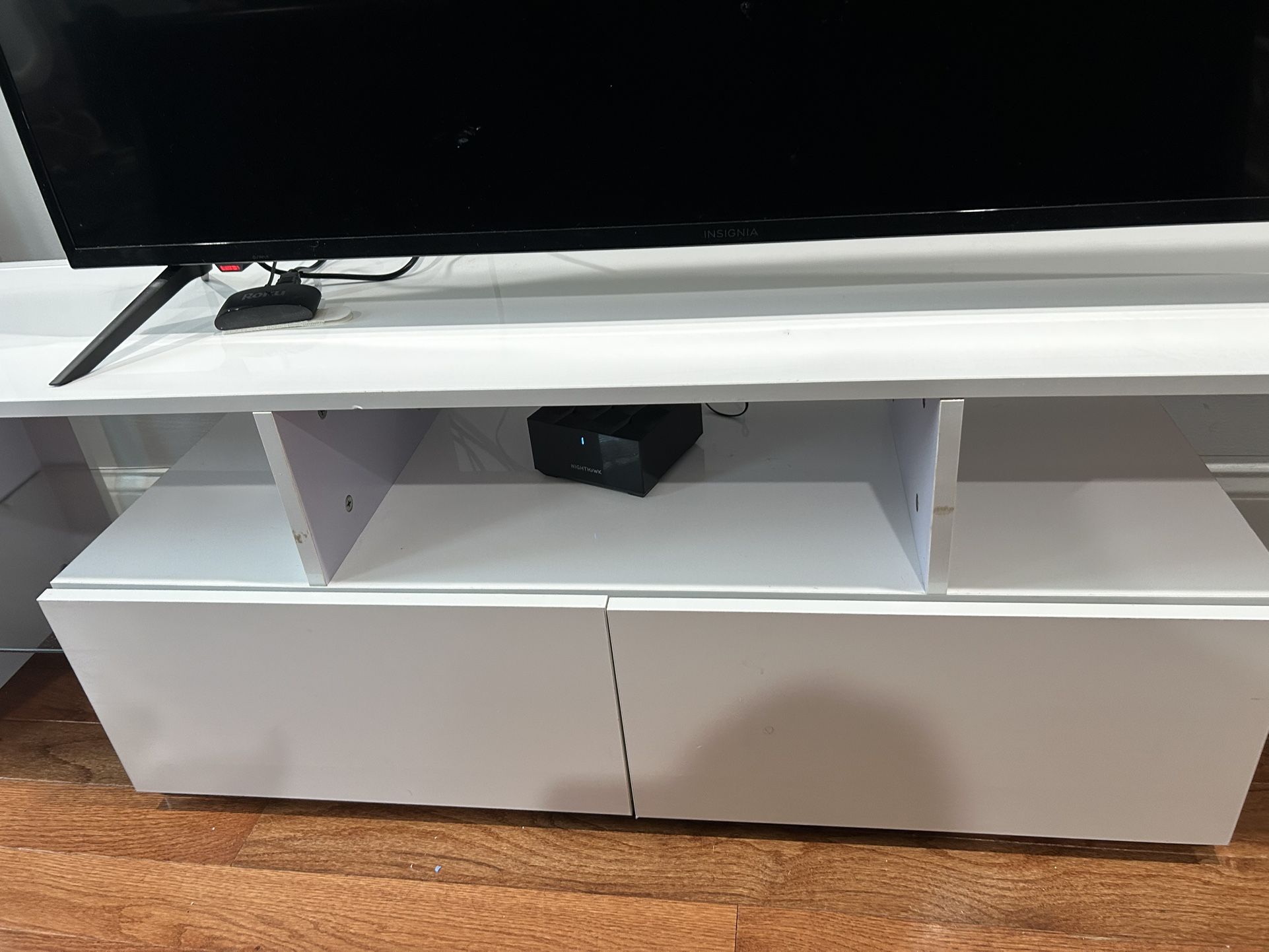 Modern White TV Stand with Storage & Glass Shelving