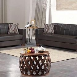 NEW PU BROWN SOFA BED AND LOVESEAT WITH STORAGE