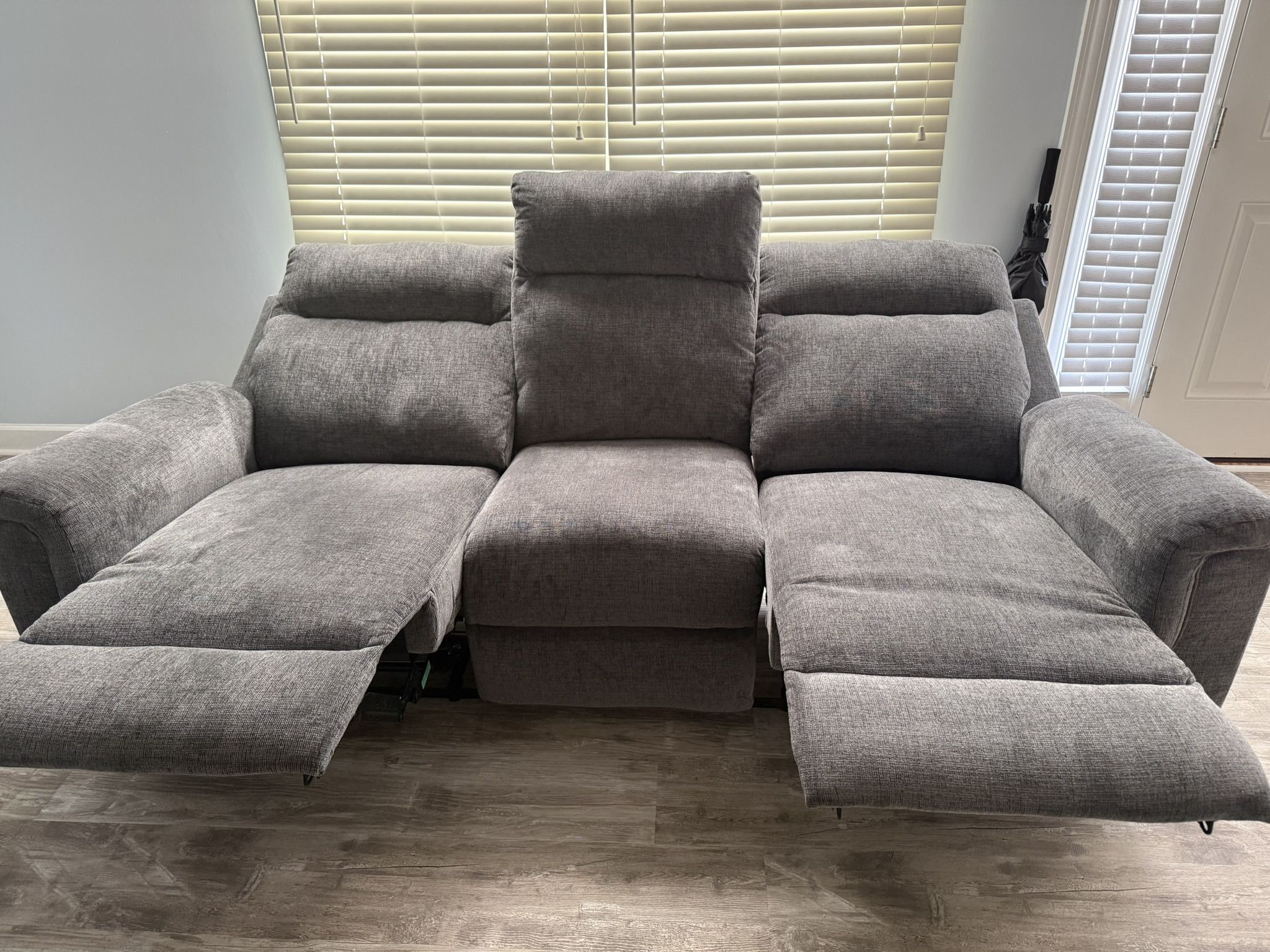 Gray Couch With Two Recliners And USB Port For Charging Your Electronics