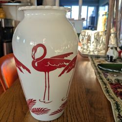 Mid Century Vintage Art Deco Anchor Hocking Pink/Red Flamingo Vase