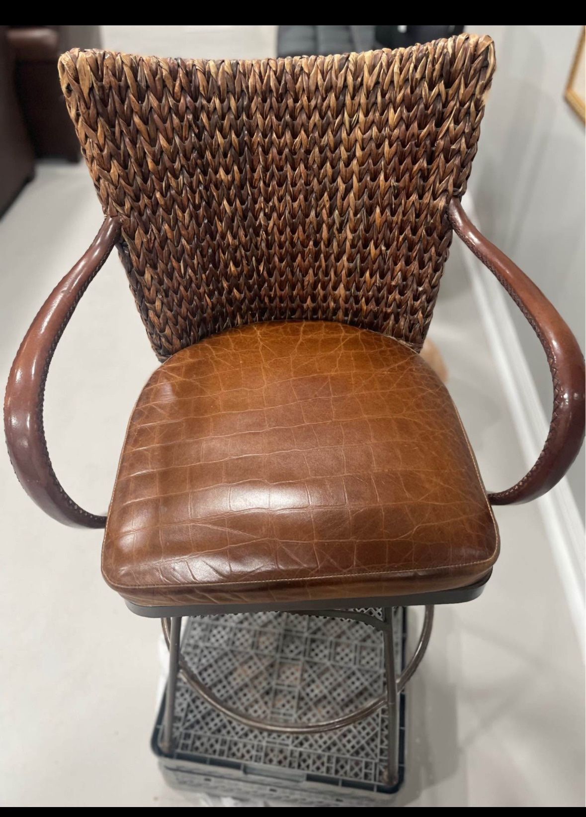 (2) wicker and leather stools